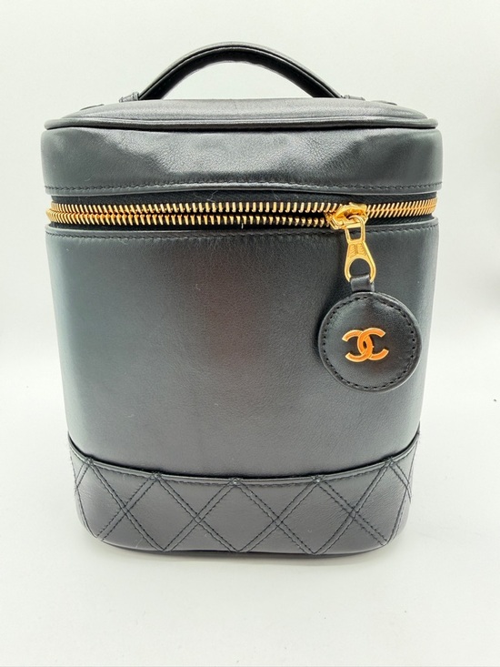 CHANEL Handbags - Vintage CHANEL Lambskin CC Logo Vanity Cosmetic Bag Handbag Black Gold with Card